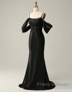 Black Off The Shoulder Criss-Cross Back Long Satin Formal Prom Dress