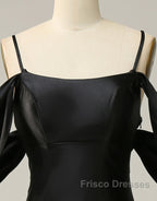 Black Off The Shoulder Criss-Cross Back Long Satin Formal Prom Dress