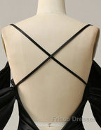 Black Off The Shoulder Criss-Cross Back Long Satin Formal Prom Dress