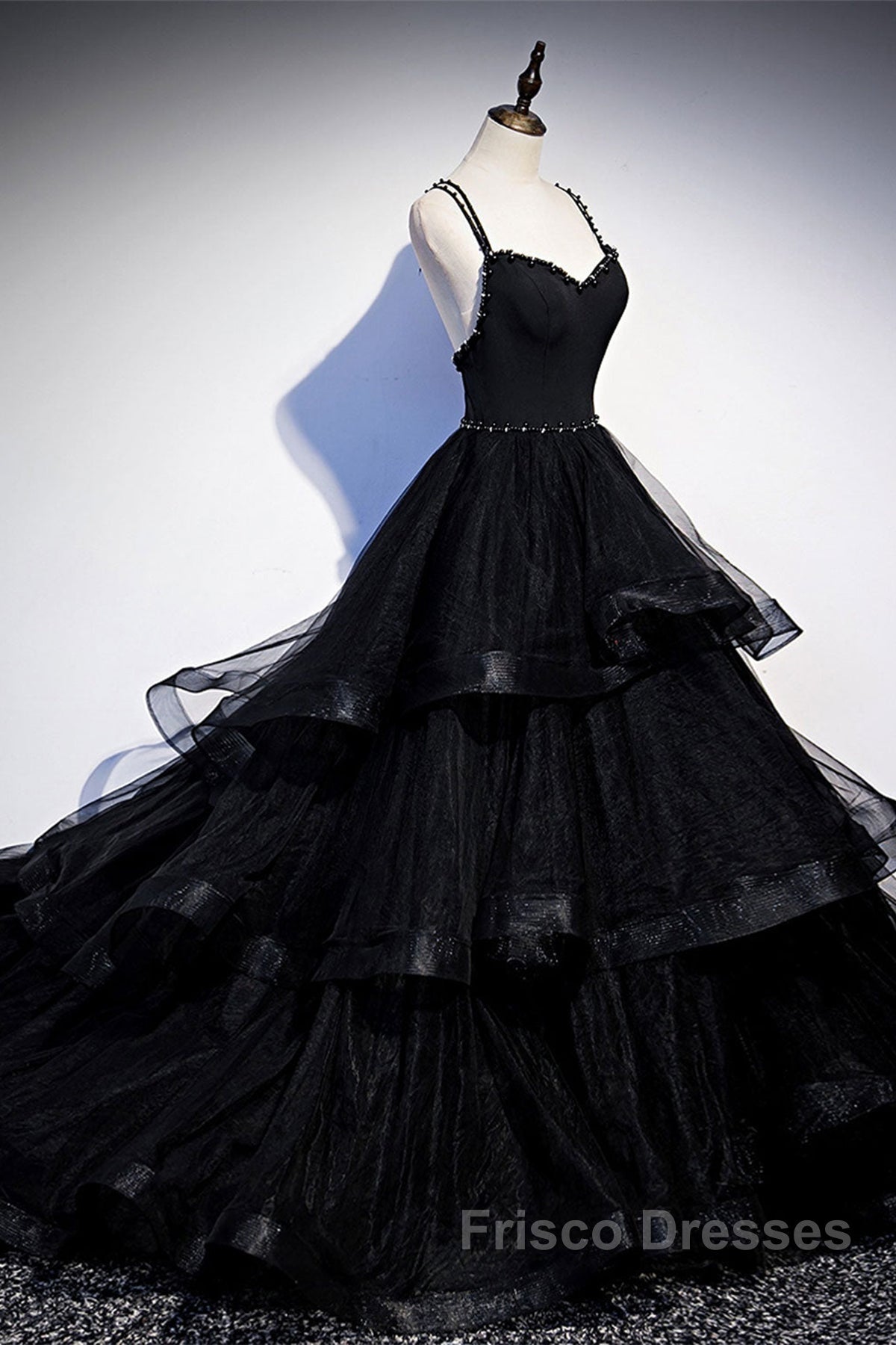 Black Tulle Open Back V Neck Beaded Layered Long Formal Prom Dress Secondary image