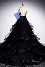 Black Tulle Open Back V Neck Beaded Layered Long Formal Prom Dress