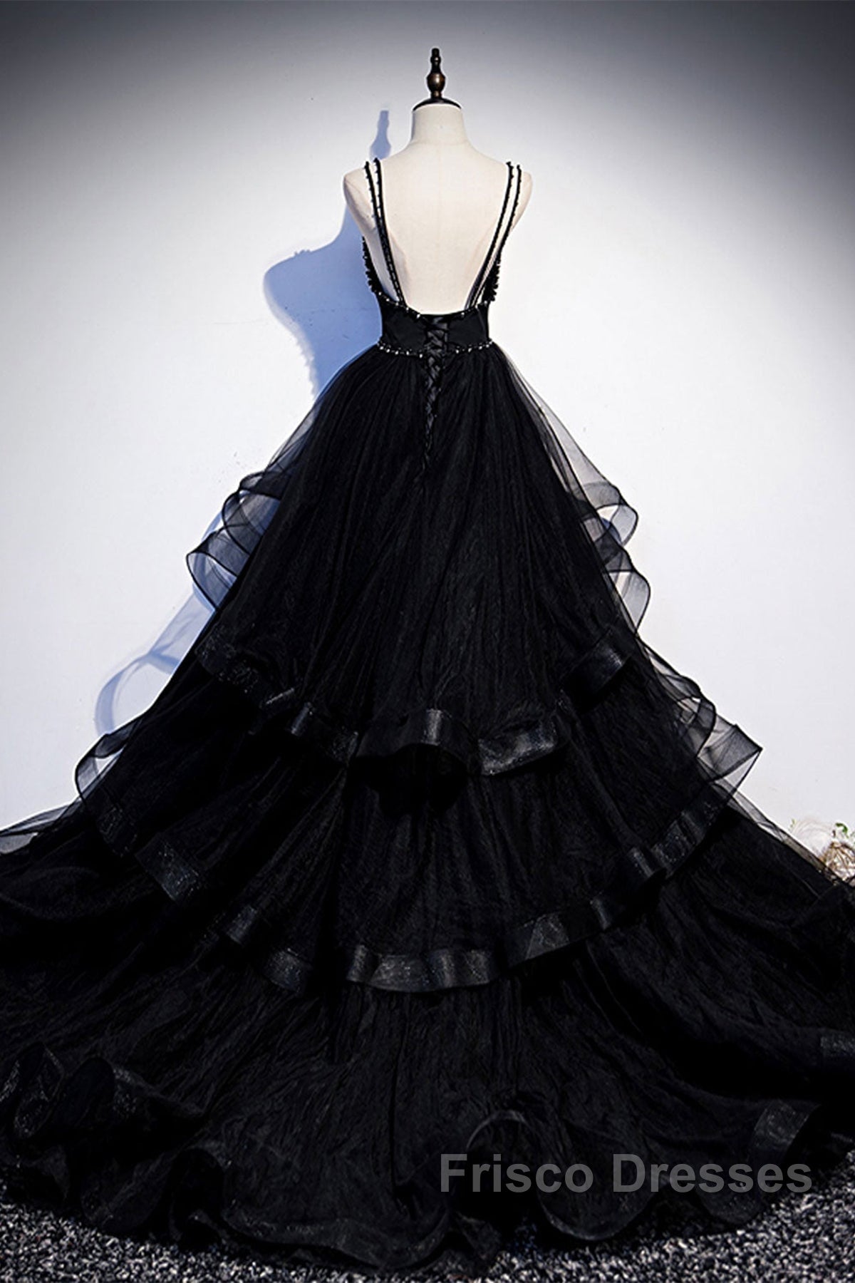 Black Tulle Open Back V Neck Beaded Layered Long Formal Prom Dress