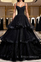 Black Tulle Open Back V Neck Beaded Layered Long Formal Prom Dress