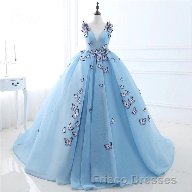 Blue Butterfly Flowers Lace Up Ball Gowns Long Formal Prom Dress