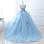 Blue Butterfly Flowers Lace Up Ball Gowns Long Formal Prom Dress