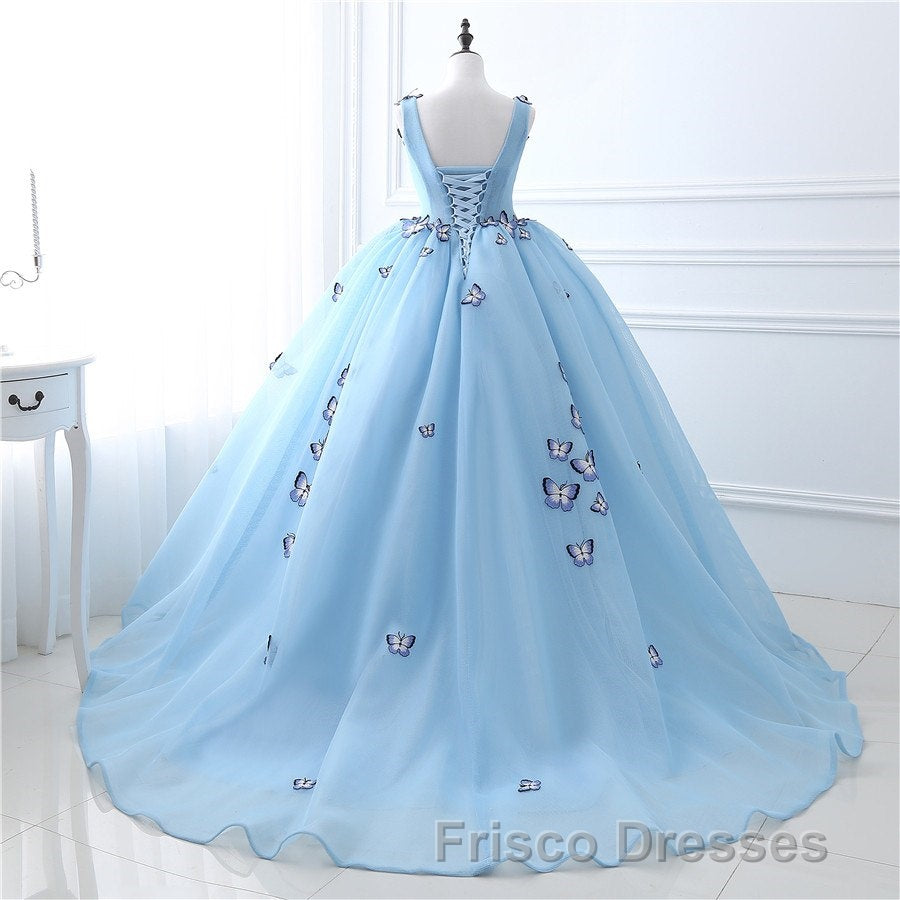 Blue Butterfly Flowers Lace Up Ball Gowns Long Formal Prom Dress