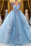 Blue Butterfly Flowers Lace Up Ball Gowns Long Formal Prom Dress