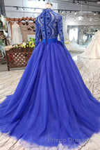 Blue Long Sleeves V Neck Tulle Formal Prom Dress with Beading