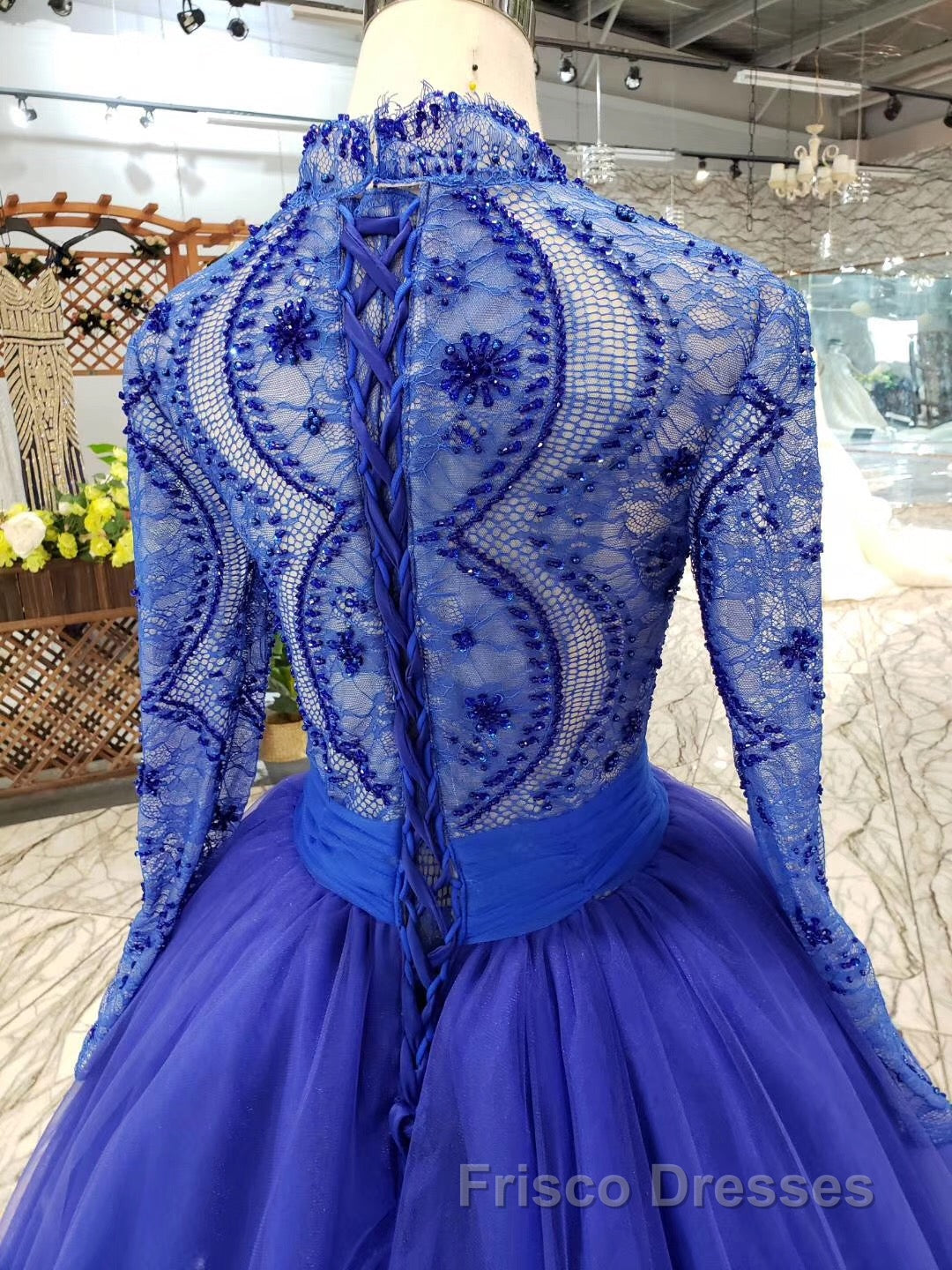 Blue Long Sleeves V Neck Tulle Formal Prom Dress with Beading