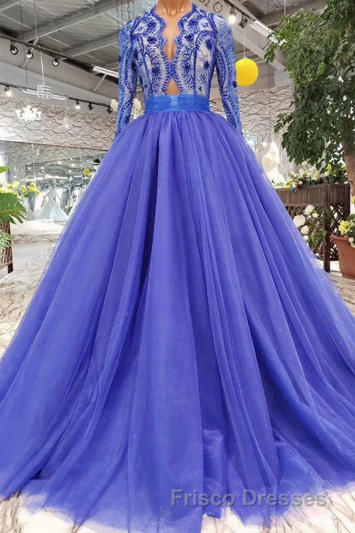 Blue Long Sleeves V Neck Tulle Formal Prom Dress with Beading Main image