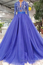 Blue Long Sleeves V Neck Tulle Formal Prom Dress with Beading