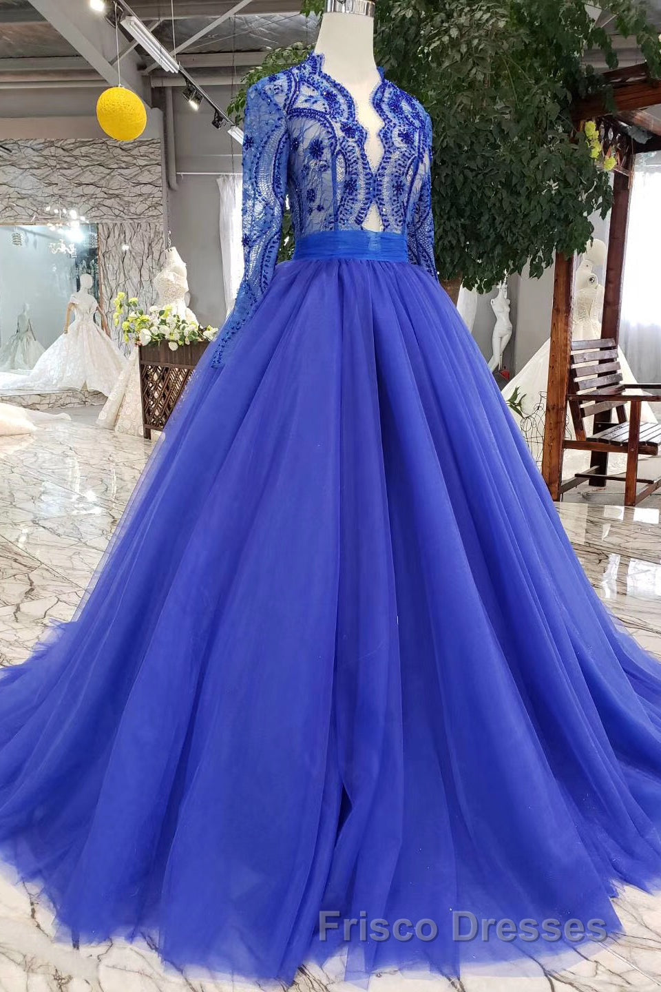 Blue Long Sleeves V Neck Tulle Formal Prom Dress with Beading