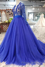 Blue Long Sleeves V Neck Tulle Formal Prom Dress with Beading