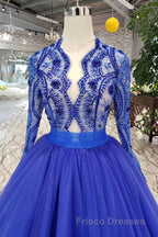 Blue Long Sleeves V Neck Tulle Formal Prom Dress with Beading