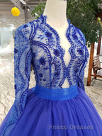 Blue Long Sleeves V Neck Tulle Formal Prom Dress with Beading