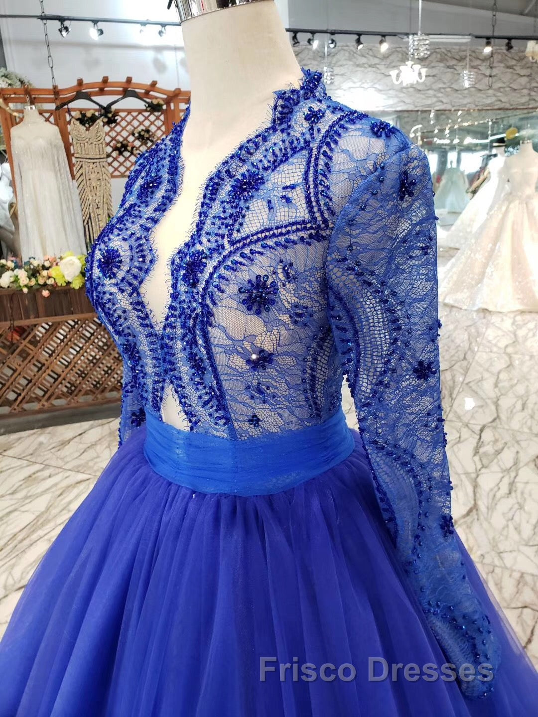 Blue Long Sleeves V Neck Tulle Formal Prom Dress with Beading