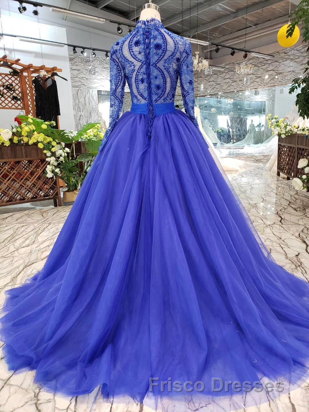 Blue Long Sleeves V Neck Tulle Formal Prom Dress with Beading