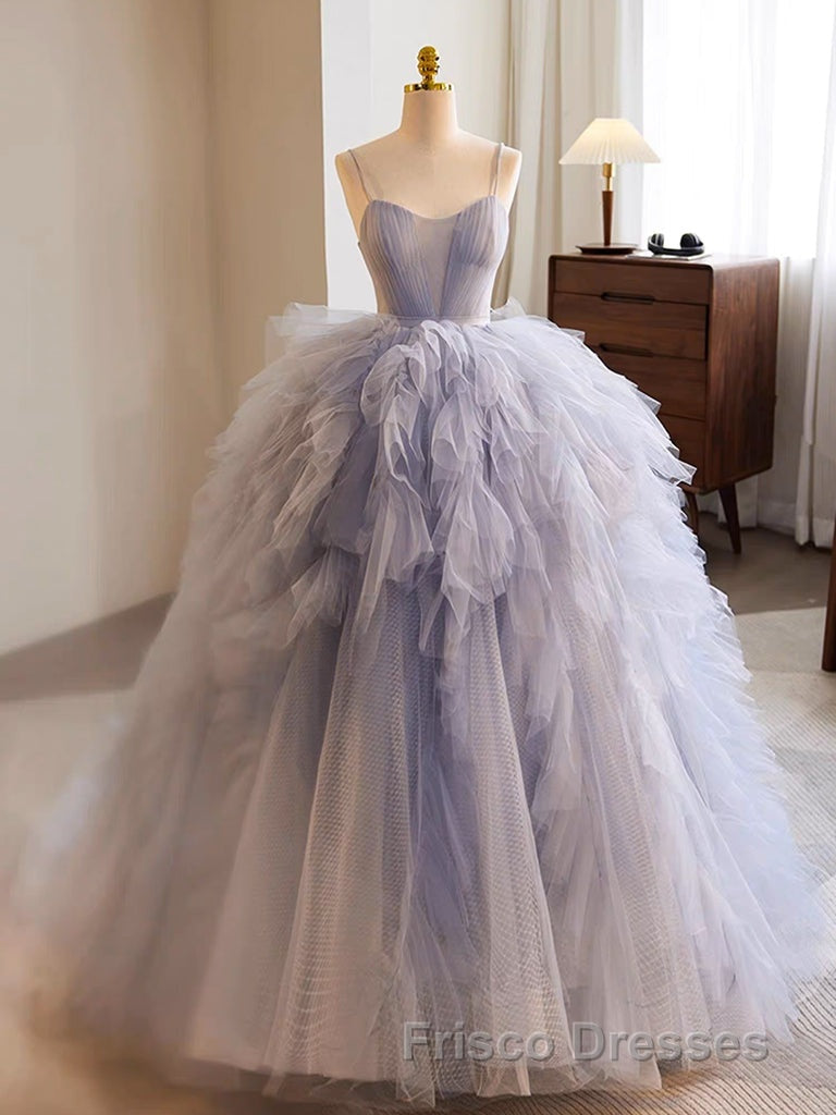 Blue Tulle Long Formal Prom Gown, Blue Tulle Long Sweet 16 Dress