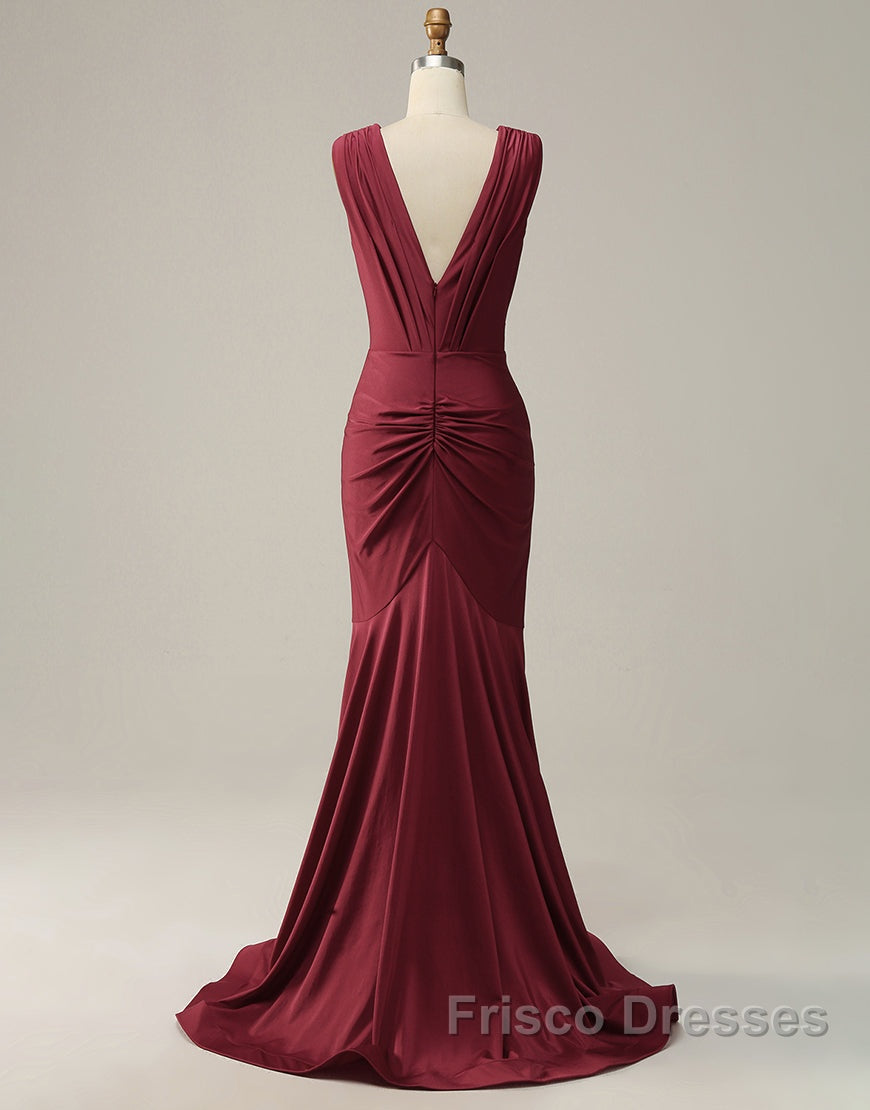 Burgundy Mermaid V-Neck Long Glitter Formal Prom Dress With Pleating