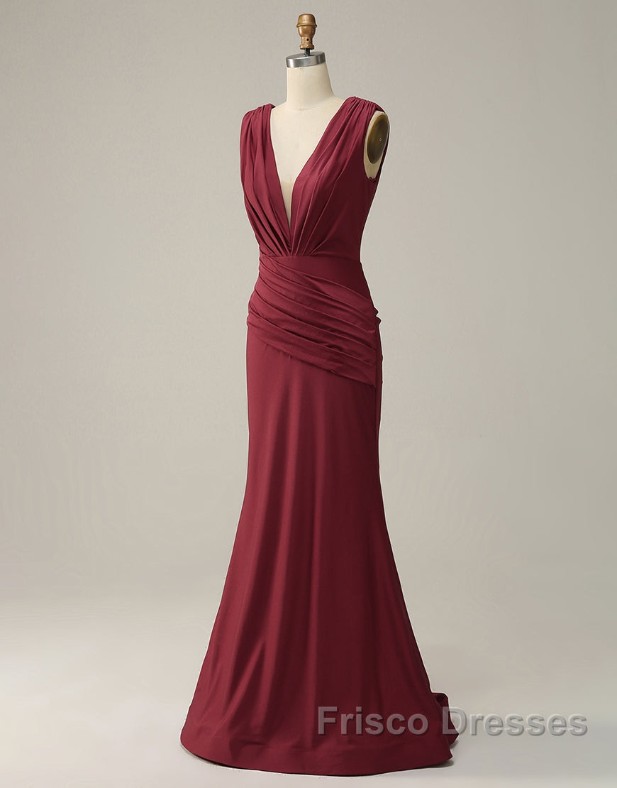 Burgundy Mermaid V-Neck Long Glitter Formal Prom Dress With Pleating