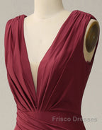 Burgundy Mermaid V-Neck Long Glitter Formal Prom Dress With Pleating