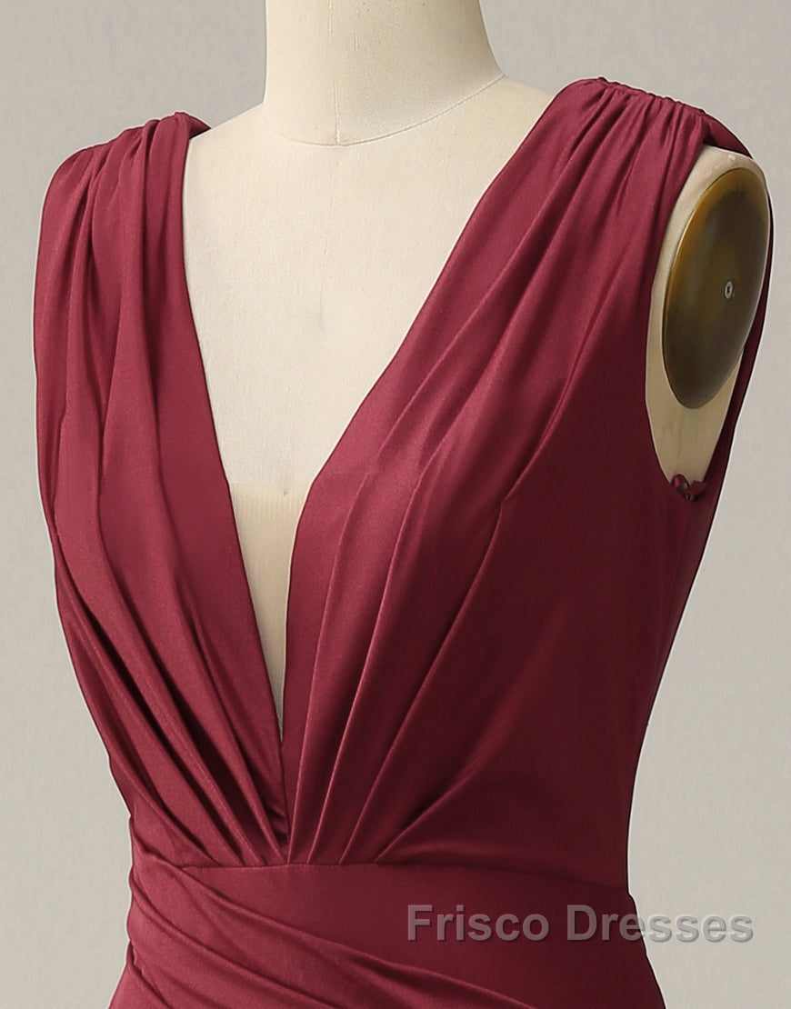 Burgundy Mermaid V-Neck Long Glitter Formal Prom Dress With Pleating
