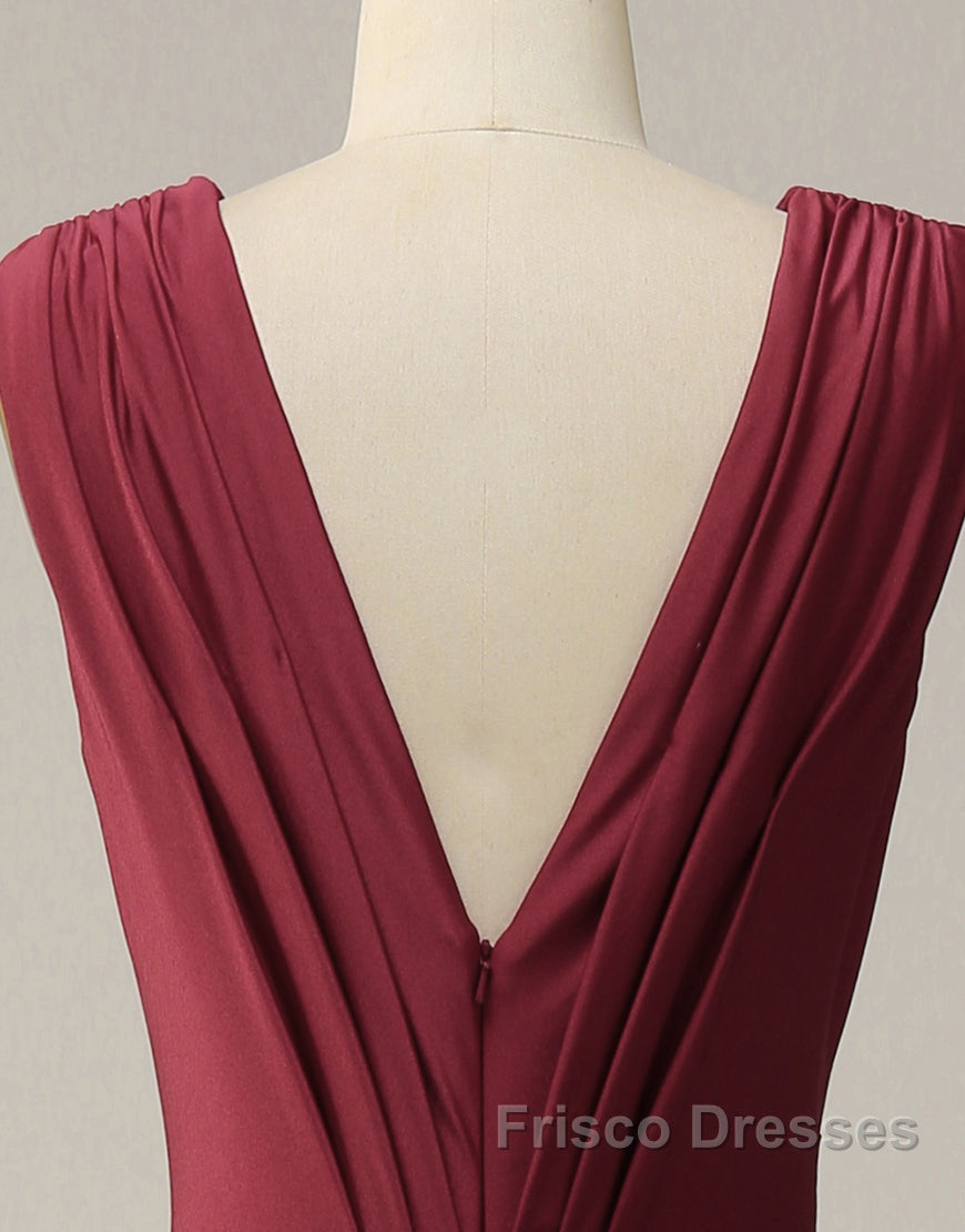 Burgundy Mermaid V-Neck Long Glitter Formal Prom Dress With Pleating
