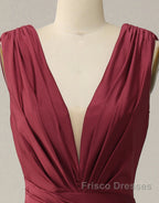 Burgundy Mermaid V-Neck Long Glitter Formal Prom Dress With Pleating