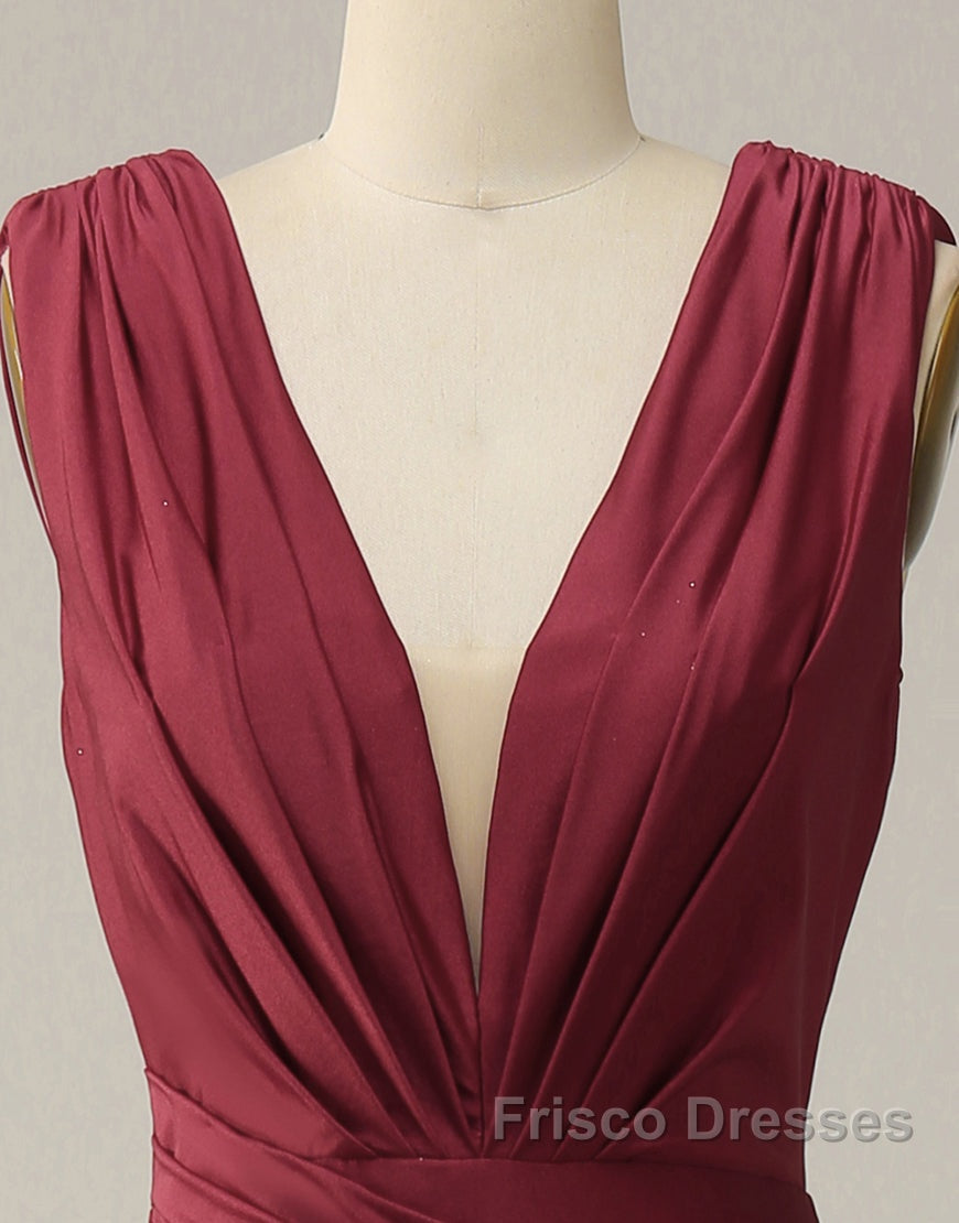 Burgundy Mermaid V-Neck Long Glitter Formal Prom Dress With Pleating