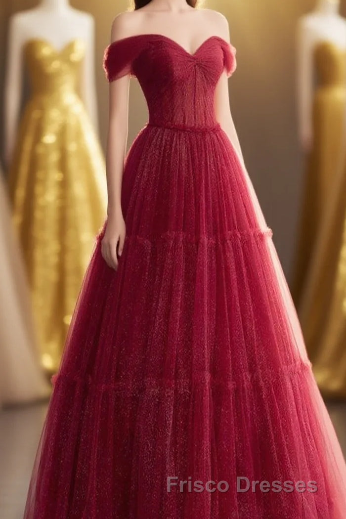 A-line Sweetheart Neck Tulle Burgundy Long Formal Prom Dress, Off Shoulder Burgundy Formal Prom Dress Main image