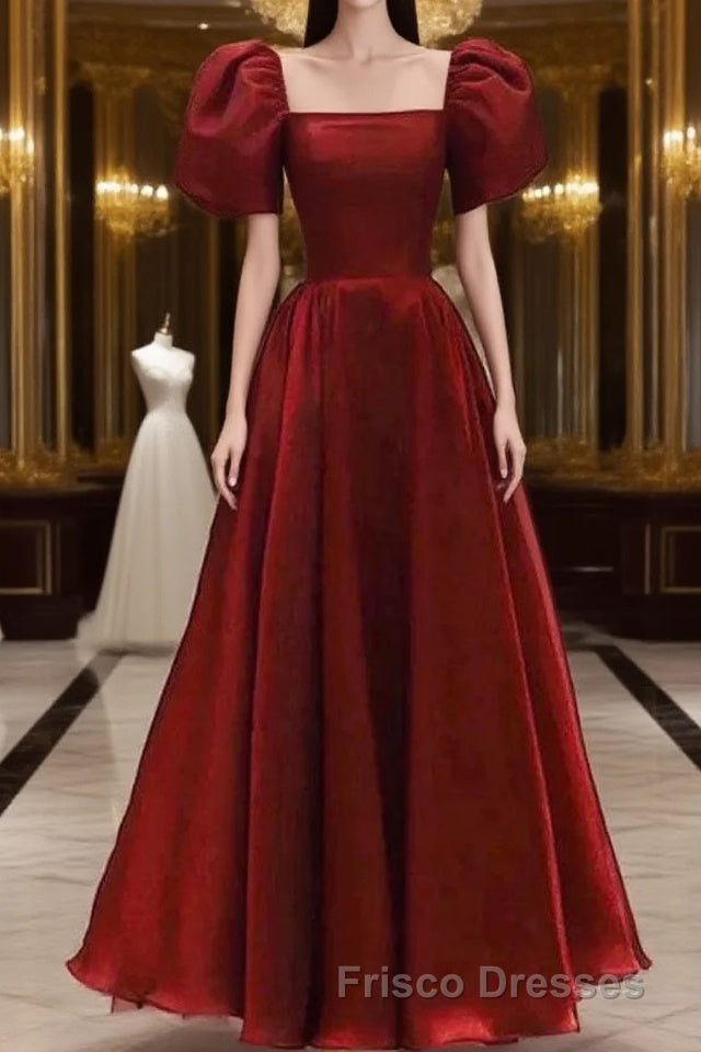 Burgundy A Line Long Formal Prom Dress with Short Sleeves, New Party Gown