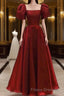 Burgundy A Line Long Formal Prom Dress with Short Sleeves, New Party Gown