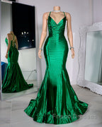 Satin Trumpet V-Neck Spaghetti Straps Formal Prom Evening Dress For Black Girls