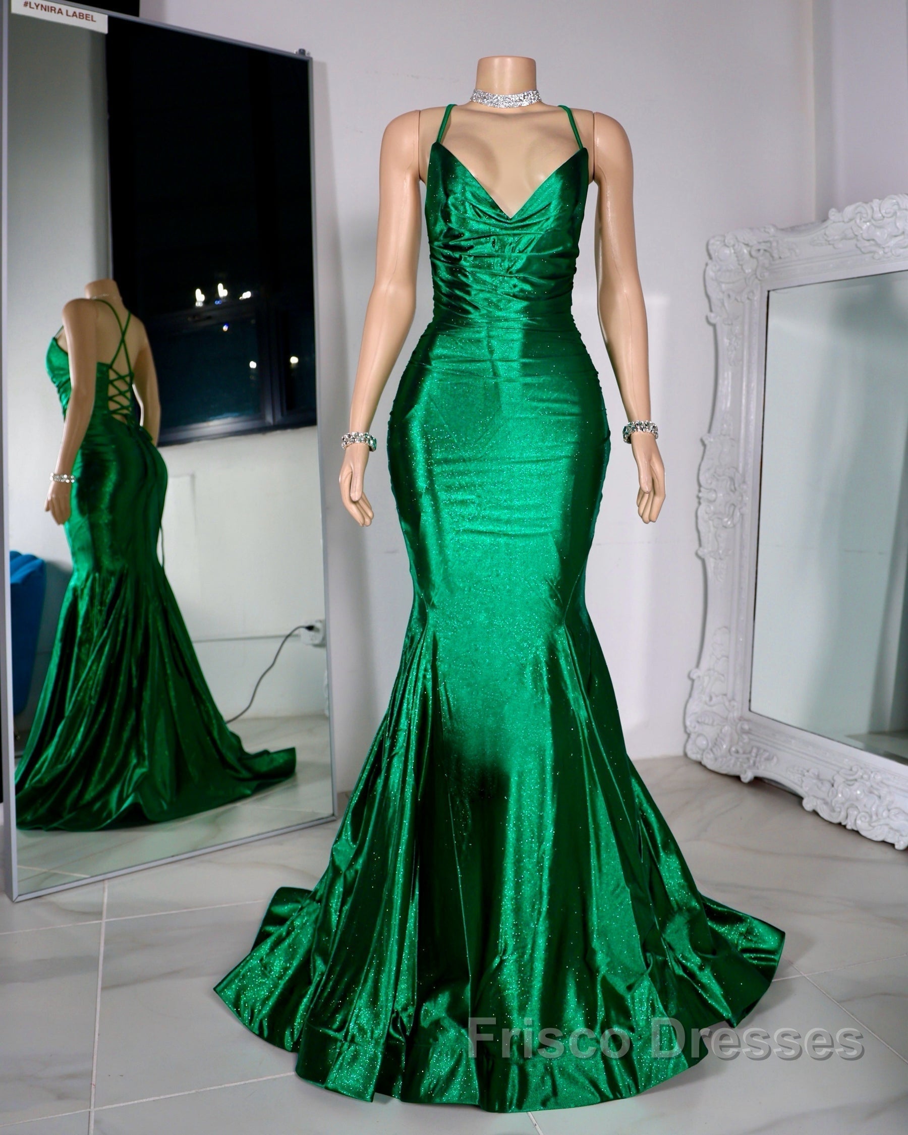 Satin Trumpet V-Neck Spaghetti Straps Formal Prom Evening Dress For Black Girls