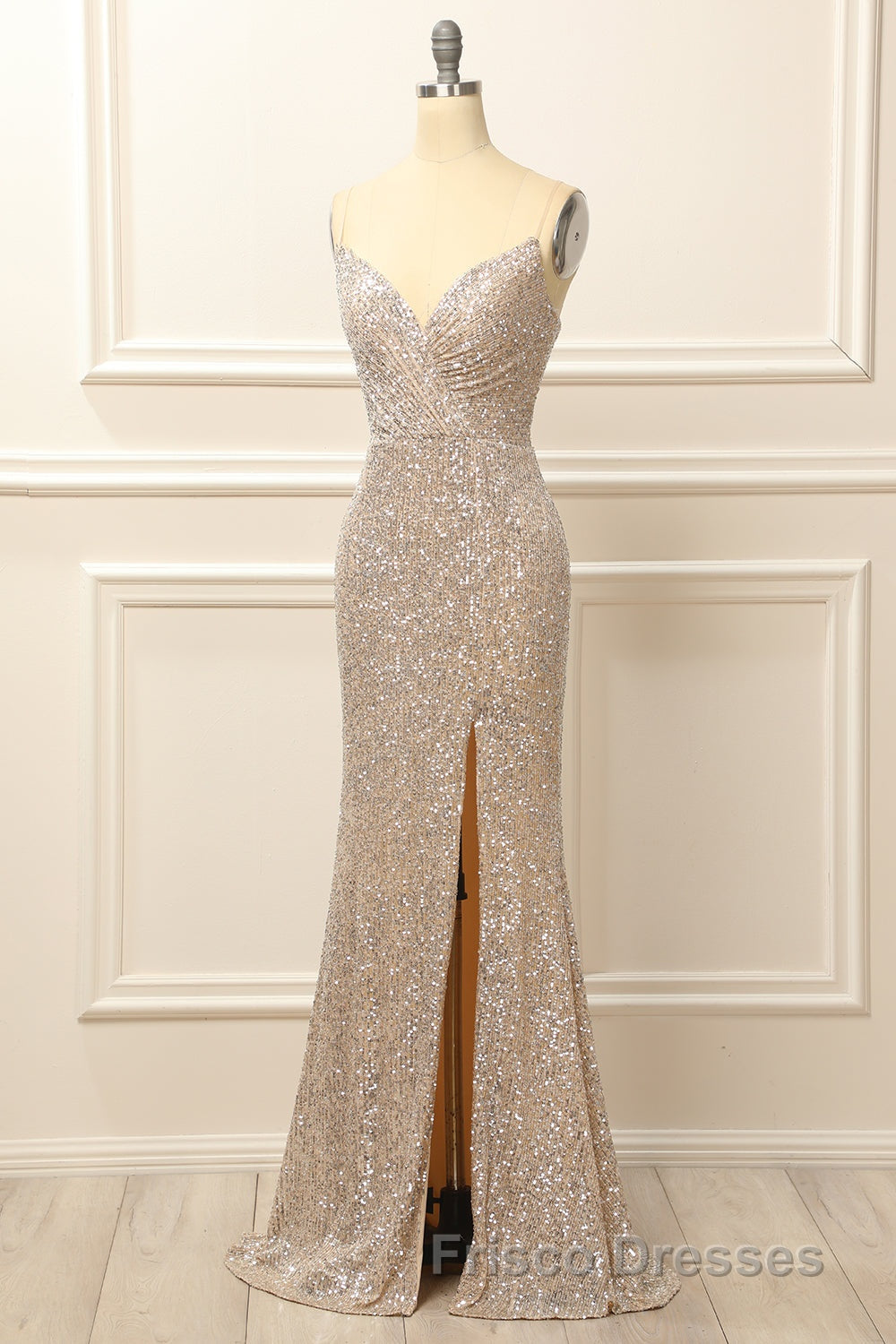 Silver Sequins Long Formal Prom Dress with Slit