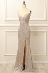 Silver Sequins Long Formal Prom Dress with Slit