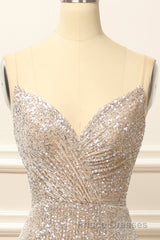 Silver Sequins Long Formal Prom Dress with Slit