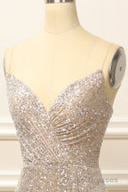 Silver Sequins Long Formal Prom Dress with Slit