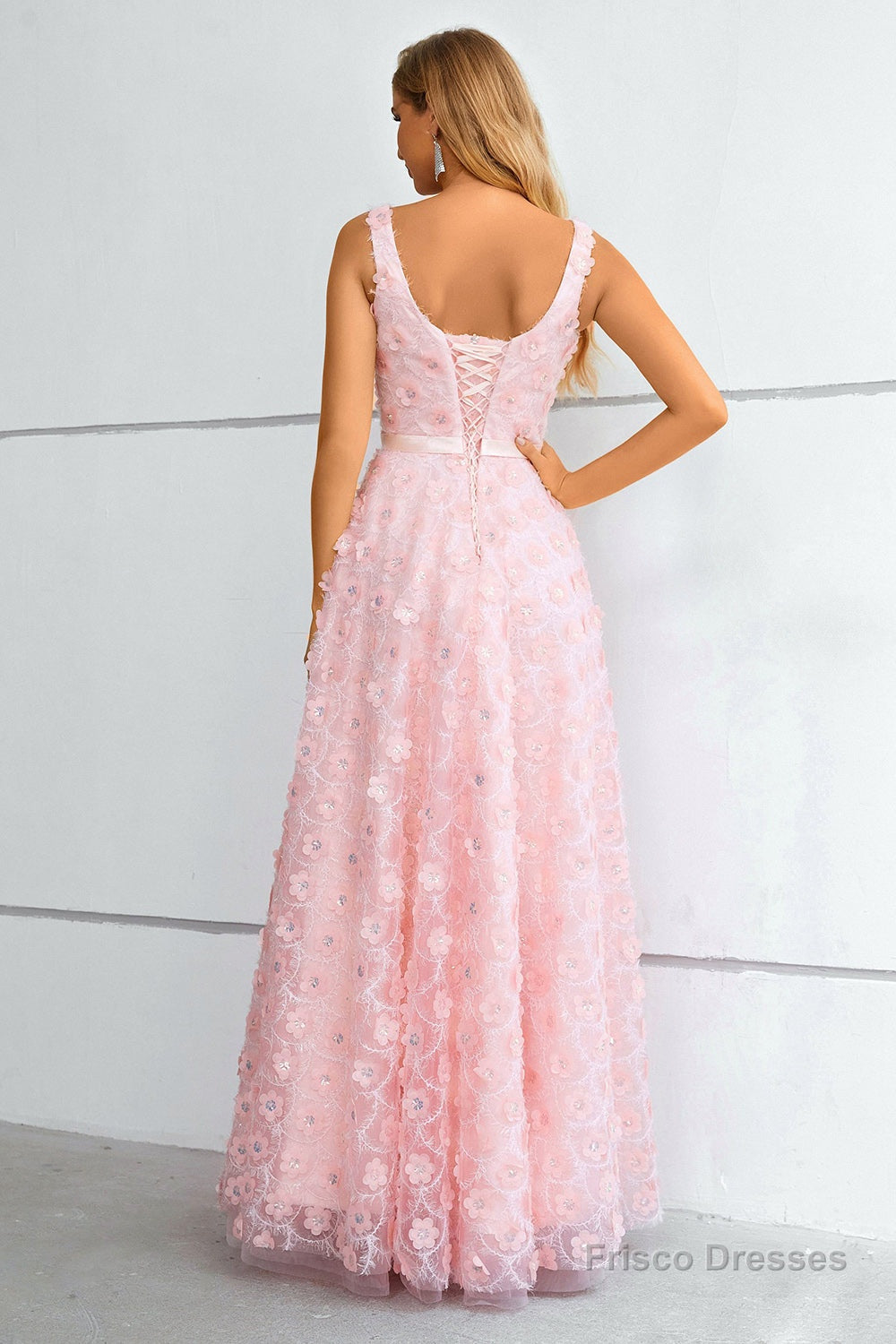 Pink A-Line Lace-Up Back Prom Dress With 3D Flowers Secondary image