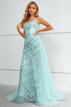 Green Square Neck Mermaid Sequined Prom Dress With Detachable Train