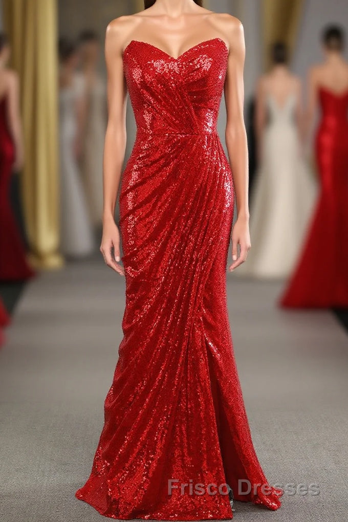 Sheath Sweetheart Red Sequins Formal Prom Dress with Sequins