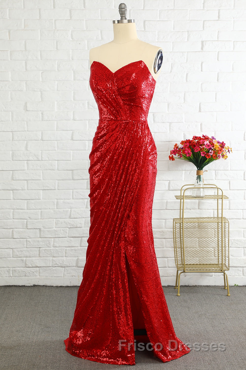 Sheath Sweetheart Red Sequins Formal Prom Dress with Sequins