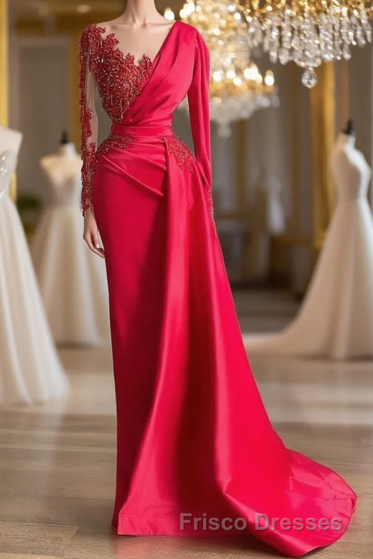 Gorgeous Red Long Sleeve Mermaid Evening Dress Lace Appliques Formal Prom Gown Ruffles Main image