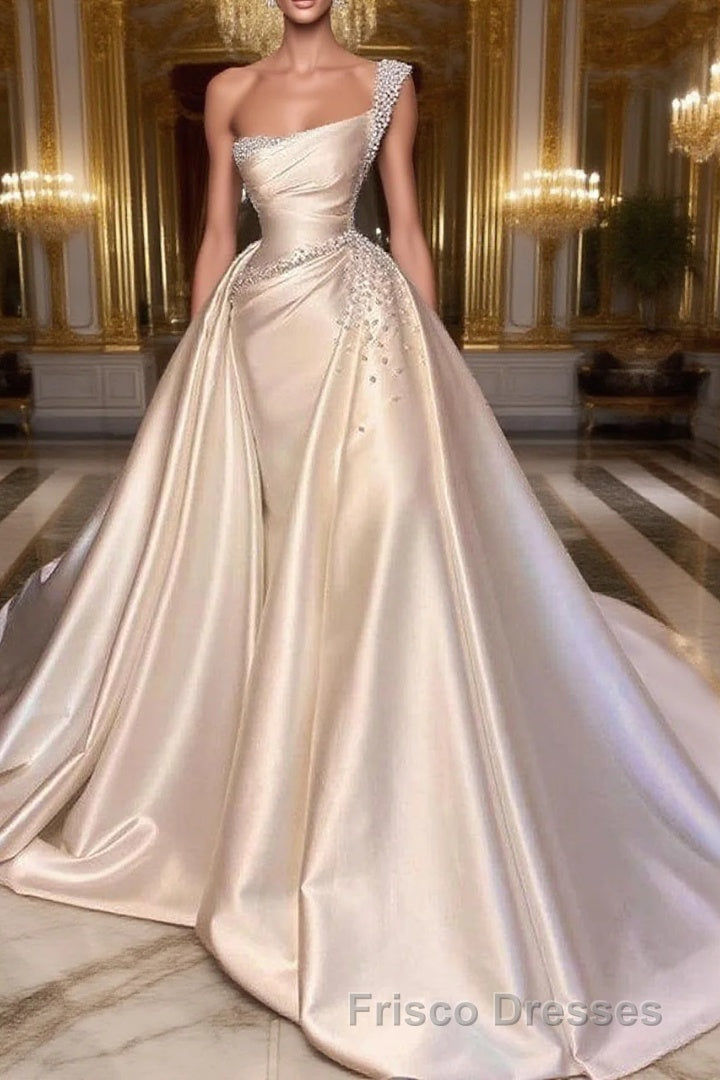 Glamorous One Shoulder Pearl Wedding Dress Overskirt Bridal Gowns On S – Frisco Dresses