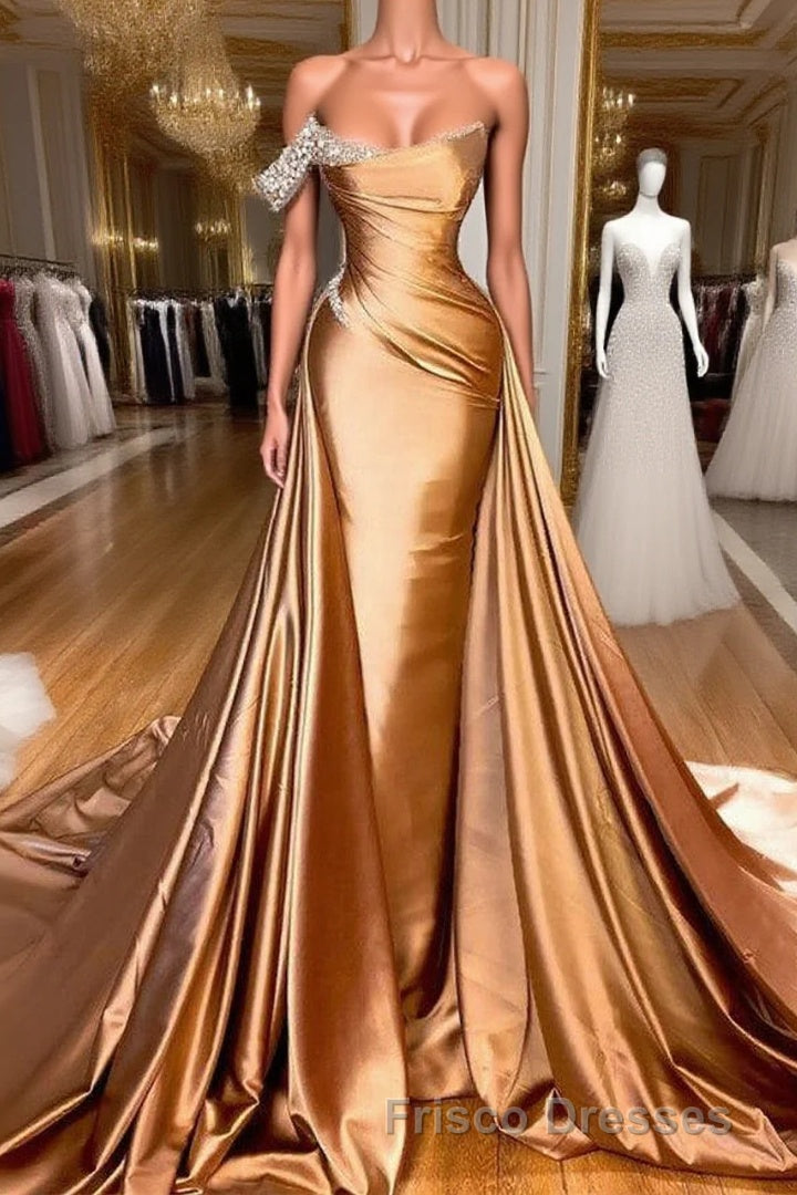 Chic One Shoulder Beaded Mermaid Formal Prom Dress With Court Train