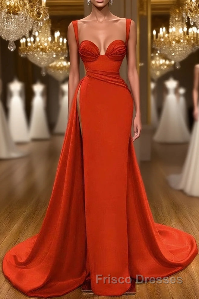 Beautiful Red Starps Sweetheart Long Formal Prom Dress With Split