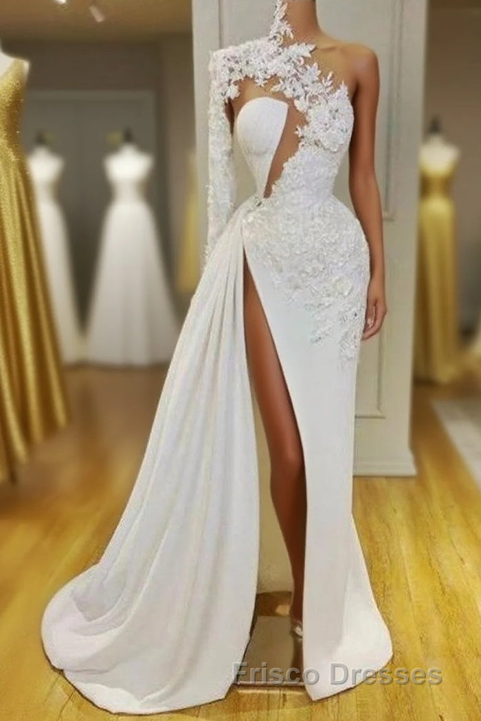 Gorgeous One Shoulder Long Sleeve Formal Prom Dress With Lace Appliques Side Slit
