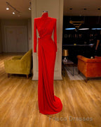Glamorous High Neck Long Sleeve Red Formal Prom Dress Long With Split