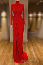 Glamorous High Neck Long Sleeve Red Formal Prom Dress Long With Split