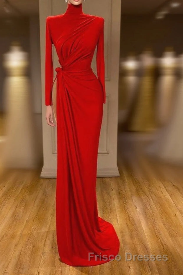Glamorous High Neck Long Sleeve Red Formal Prom Dress Long With Split